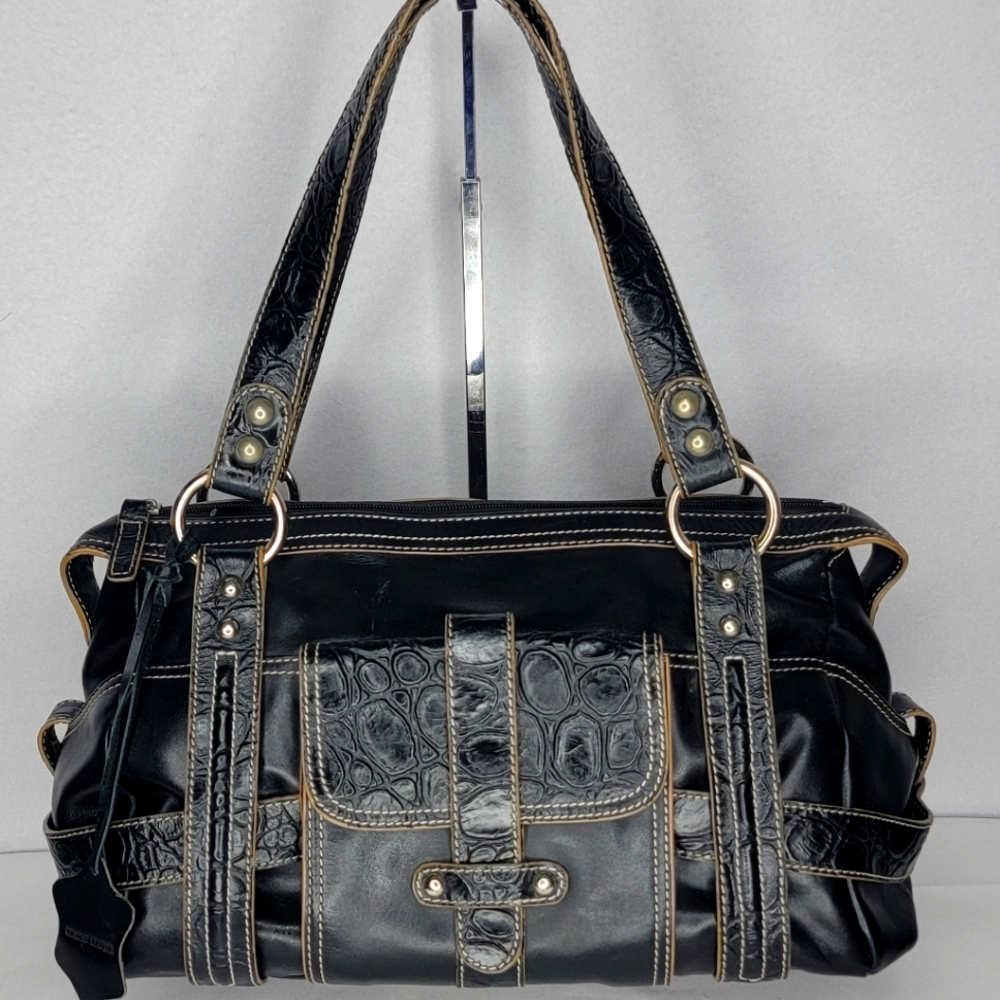 Charlie Lapson Genuine Leather and‎ Crocodile Embossed Black Handbag. P141